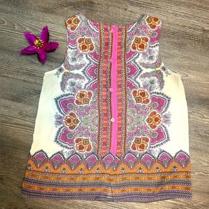Kenar Paisley Sleeveless Blouse XL Boho Tunic Top Pink Orange Button Back